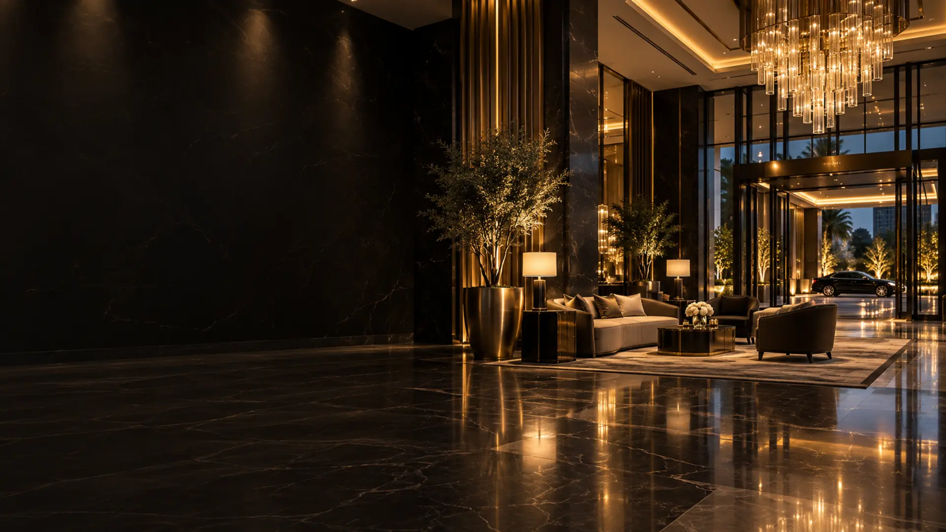 Warmly lit luxury hotel lobby with dark marble, brass details and elegant lounge seating